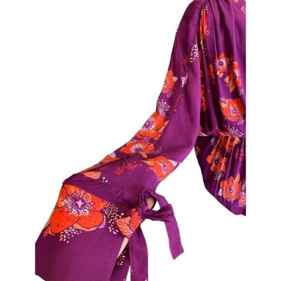Free People Womens Top XS Tuscan Dreams Purple Orange Floral Tab Roll Sleeves - Picture 8 of 12